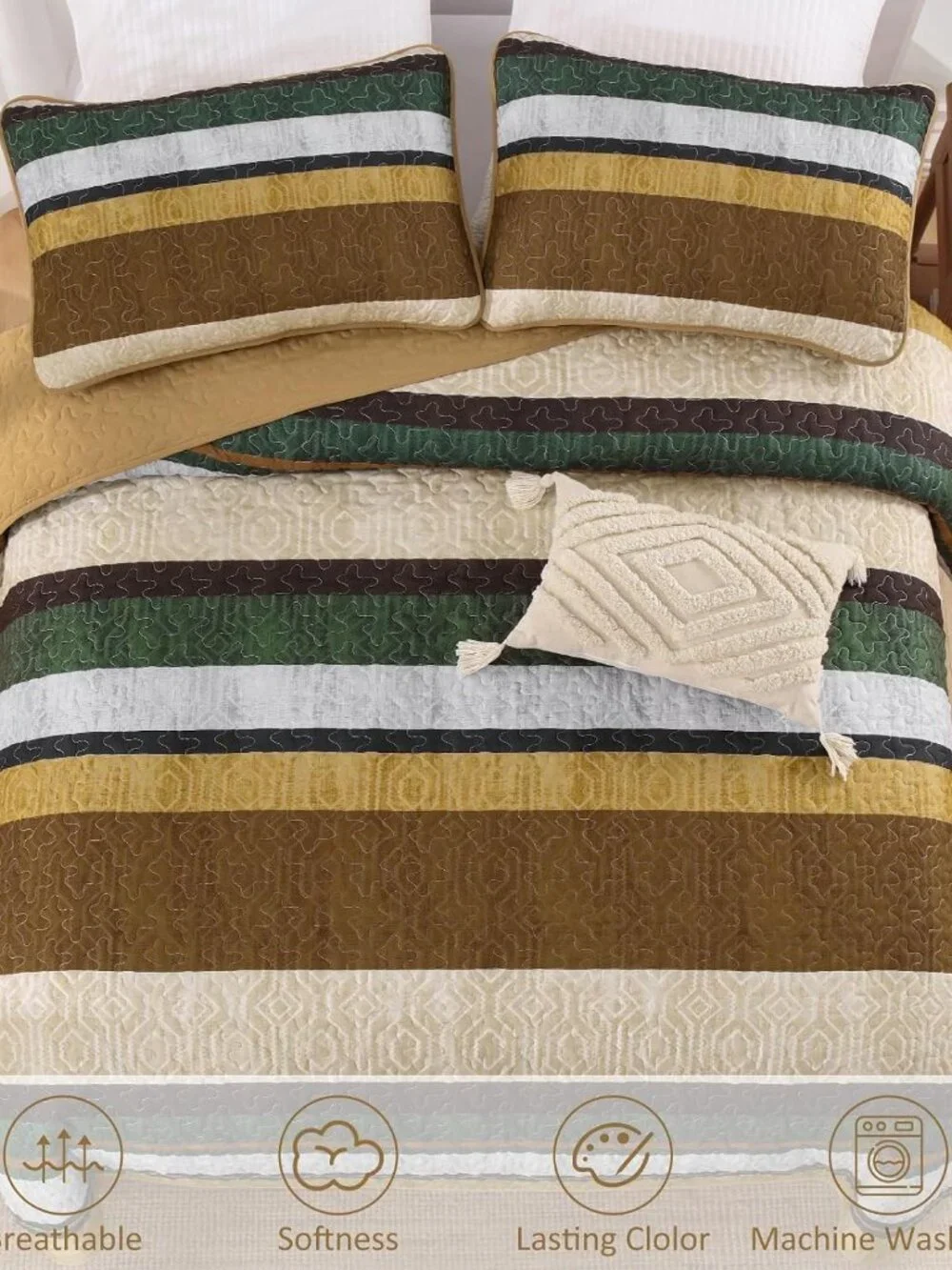 Brown Boho Fall Striped 3-Piece Quilt Bedding Set